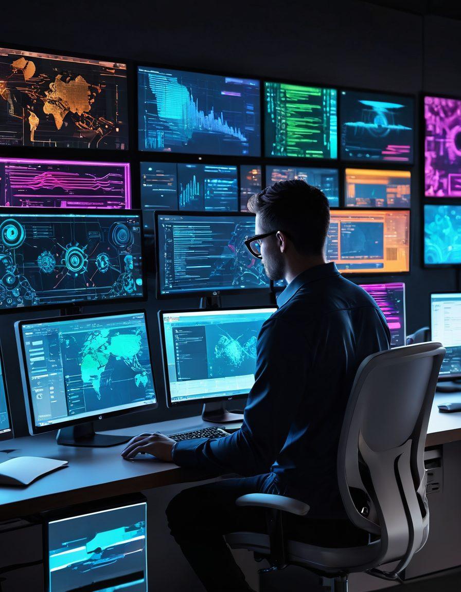 A visually striking scene featuring a vibrant digital workspace with a person effortlessly patching software on multiple screens. Incorporate animated code snippets and gears revolving around the screens to symbolize quick maintenance. Highlight tools like a wrench and a cloud icon for software updates, set against a sleek, modern tech backdrop. The color palette should include bright neon accents to give a dynamic feel. super-realistic. vibrant colors.