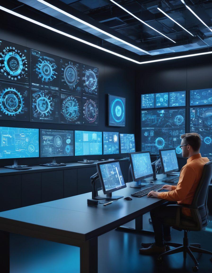 A sleek tech workspace featuring a futuristic computer screen displaying automated patching software, with gears and cogs symbolizing integrated maintenance solutions in the background. Showcase a diverse team of professionals discussing plans while surrounded by digital data streams and vibrant holographic displays. The environment should feel dynamic and innovative, emphasizing efficiency and automation. 3D. vibrant colors. tech-themed.