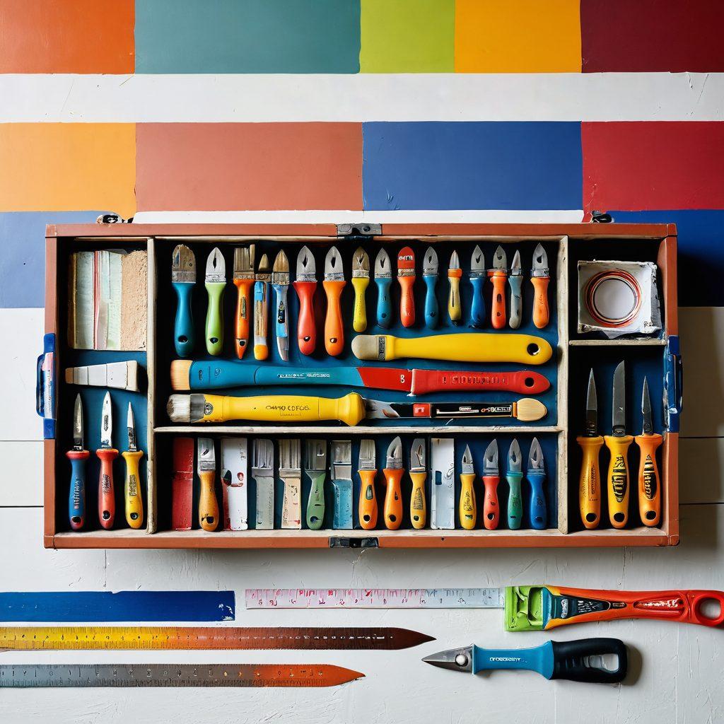 A neatly organized toolbox with colorful, labeled tools like a patching knife, spackle, and a putty knife, surrounded by a variety of wall patches, paint samples, and measuring tape. The background features a partially patched wall showcasing different stages of repair. Bright and inviting colors emphasize simplicity and efficiency. high-resolution. vibrant colors. 3D.